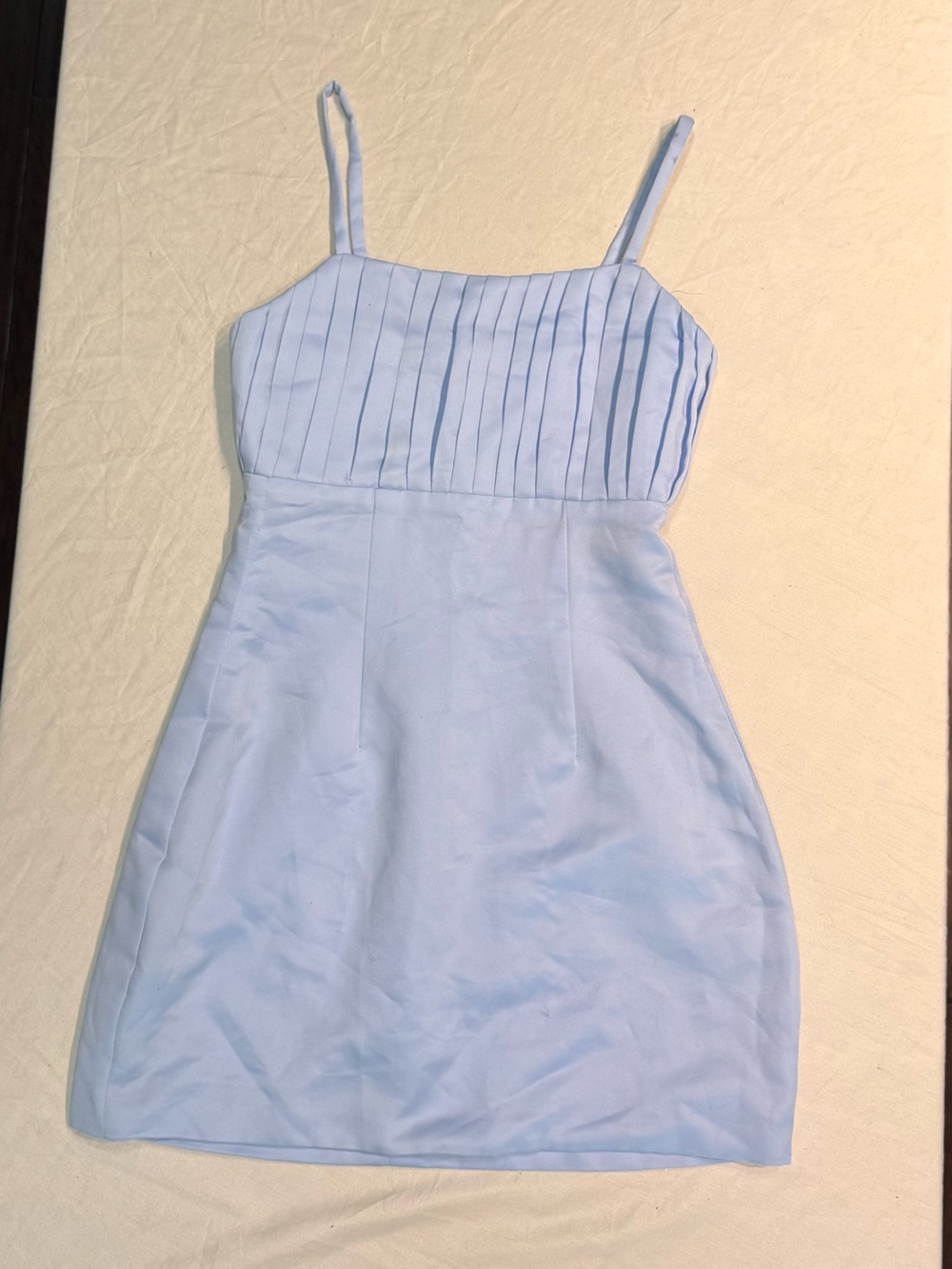 Baby Blue Satin Pin-Tuck Bodice Spaghetti Strap A-Line Mini Dress Unlabeled
